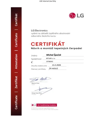 Náhled certifikátu LG – tepelná čerpadla