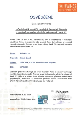 Náhled certifikátu IVAR CS – čerpadla a rekuperace
