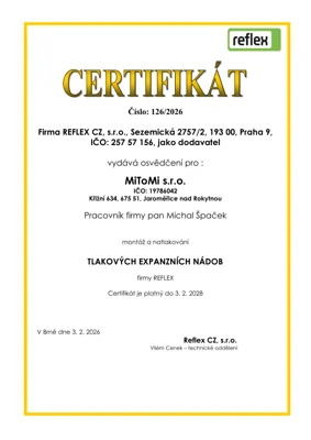 Náhled certifikátu REFLEX – expanzní nádoby